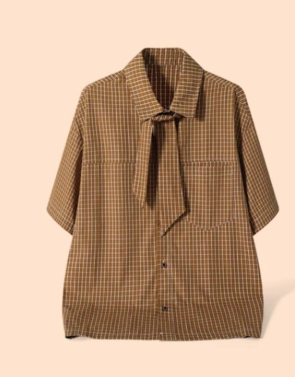 Brown Gingham Shirt with Tie Detail